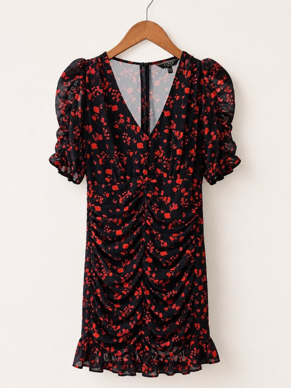 Lipsy London Black Red Floral Ruched Mini Dress US 6